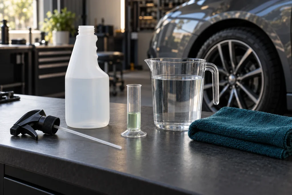 An unbranded spray bottle, measuring cylinder and water jug on a car-care workbench
