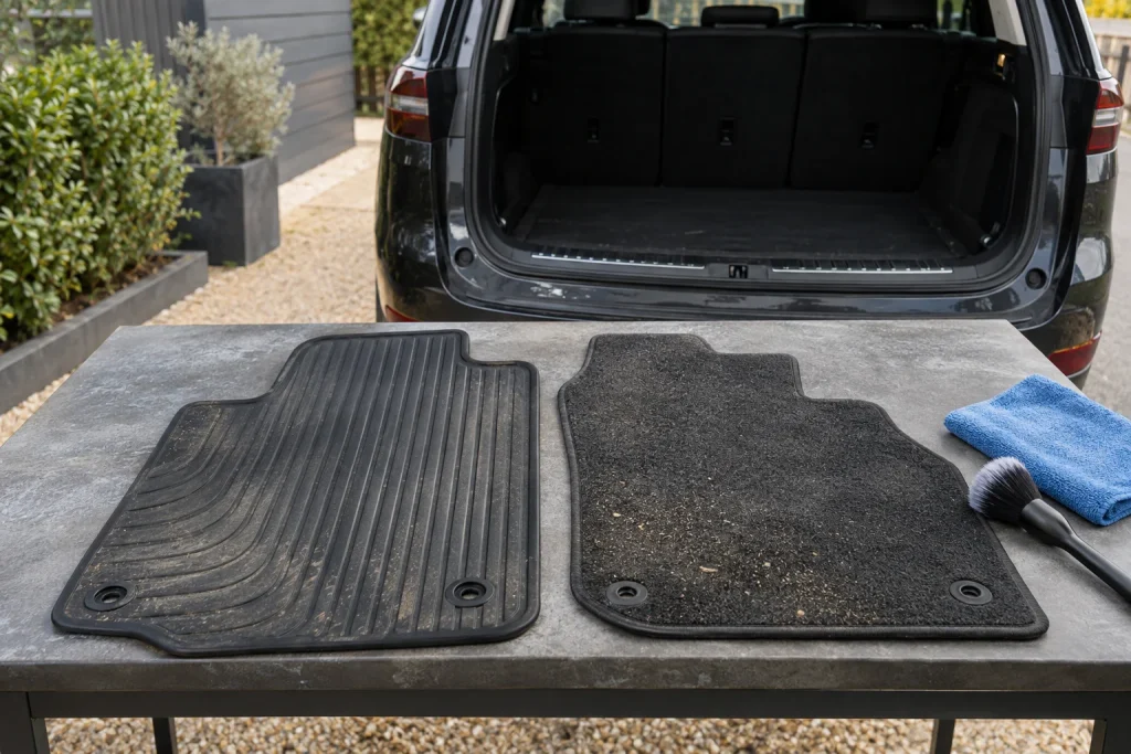 Removed rubber and carpet car floor mats beside a soft brush and clean microfibre cloth