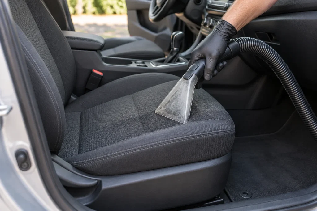 Transparent upholstery extraction nozzle drawn over a charcoal cloth car seat
