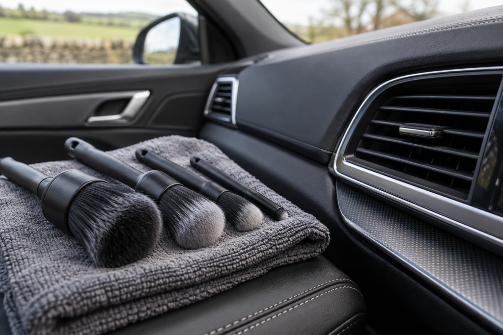 Soft detailing brushes beside a car dashboard vent