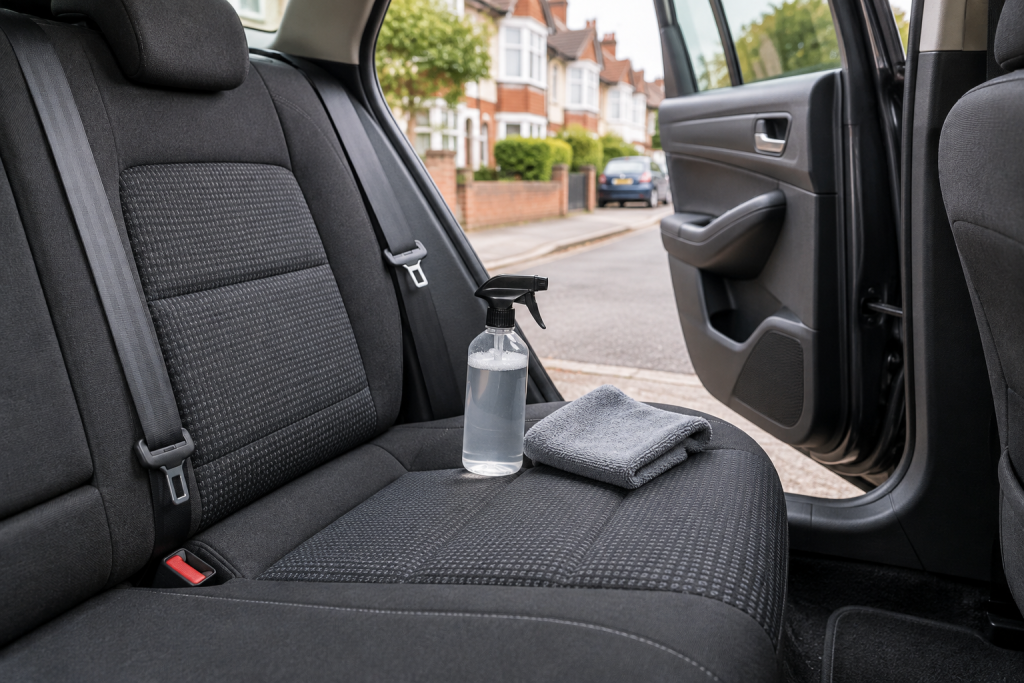 Grey fabric car seat with protector spray nearby