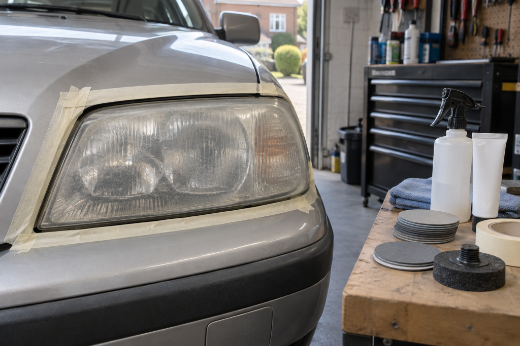 Cloudy car headlight prepared for restoration