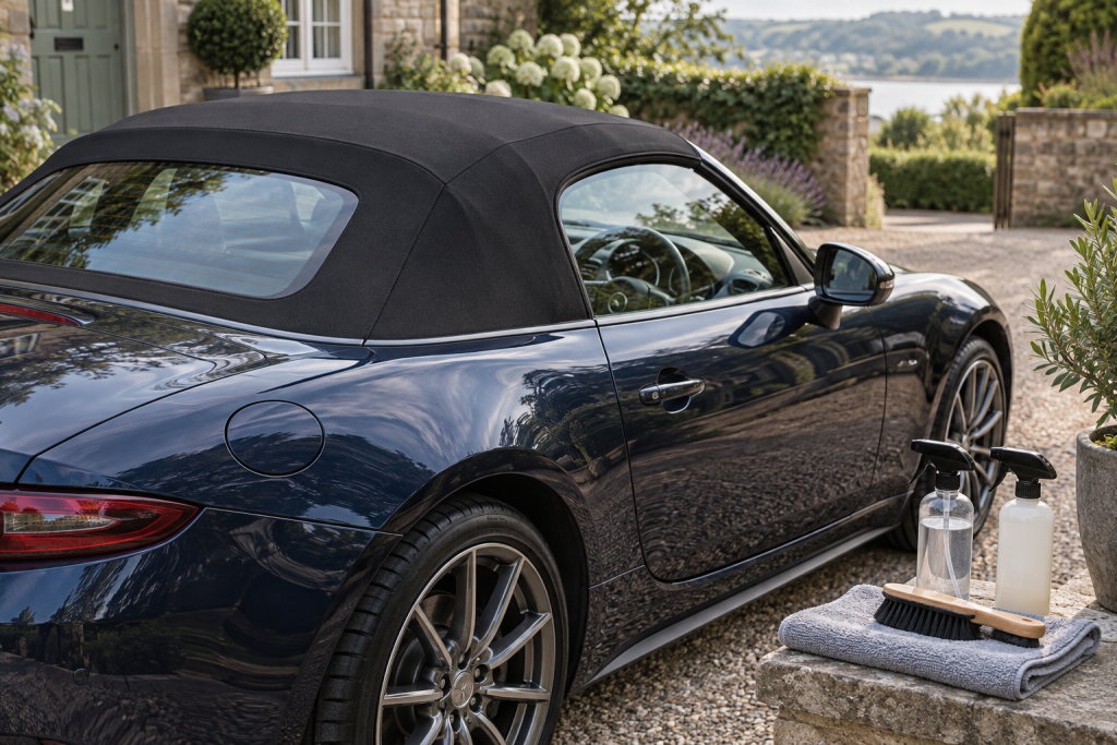 Blue convertible with a black fabric soft top