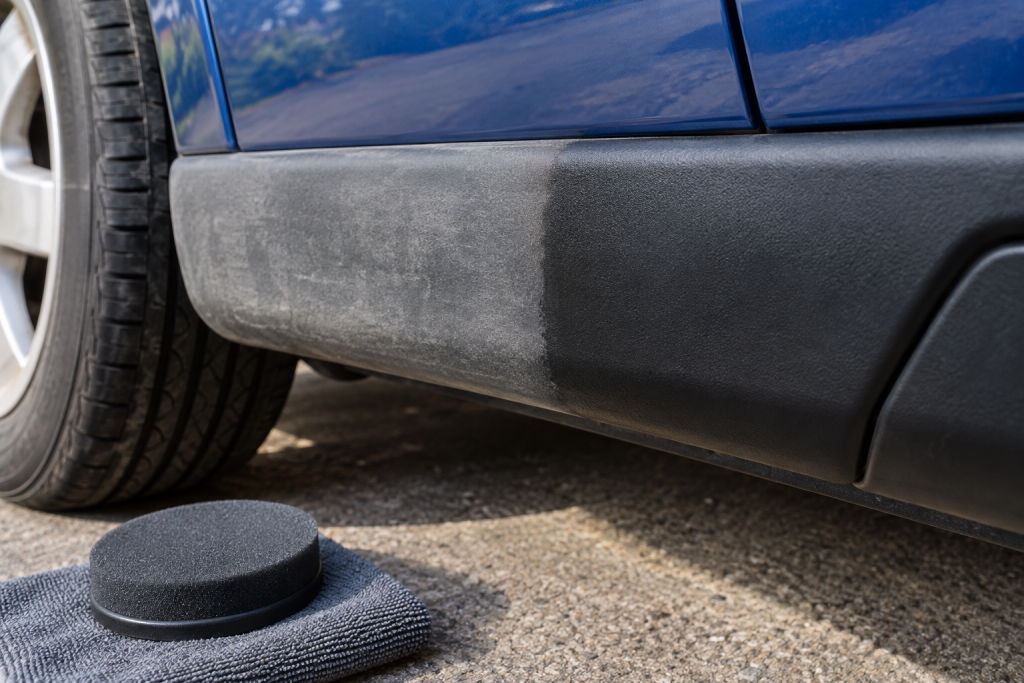 Faded and refreshed exterior plastic trim on a blue car