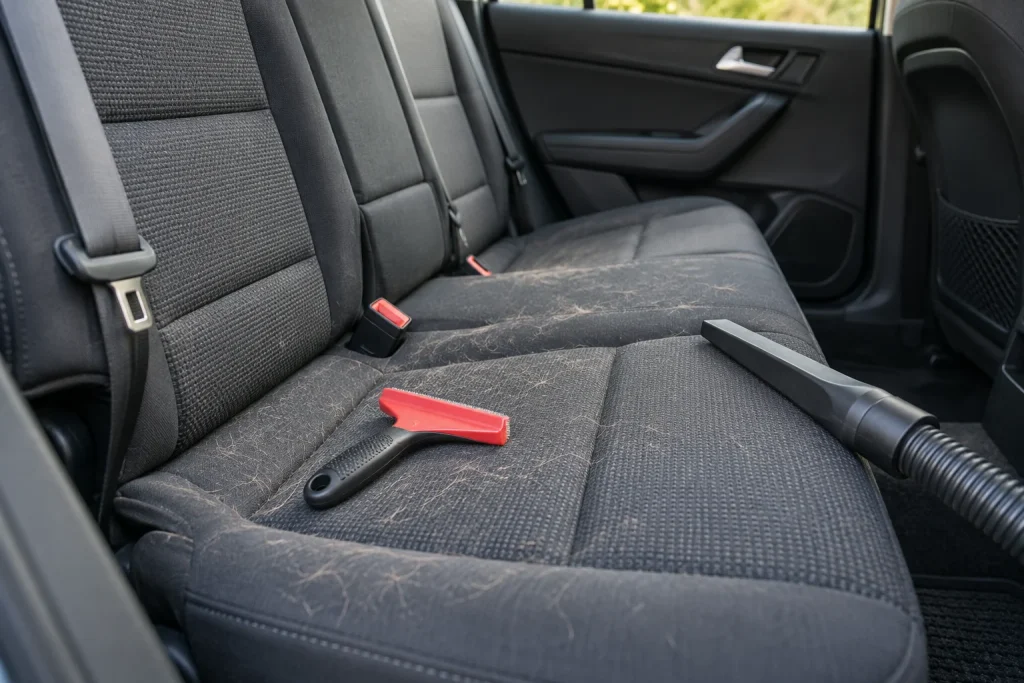 Scattered dog hair on a dark fabric rear car seat beside a rubber hair tool and vacuum nozzle