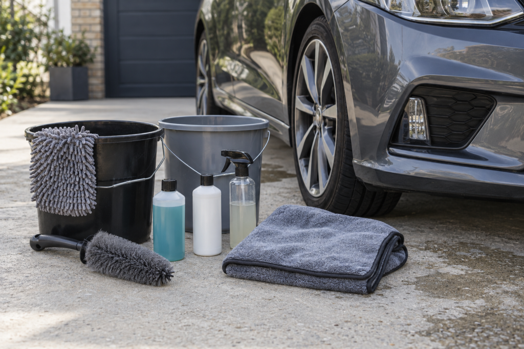 Essential car washing products arranged beside a car