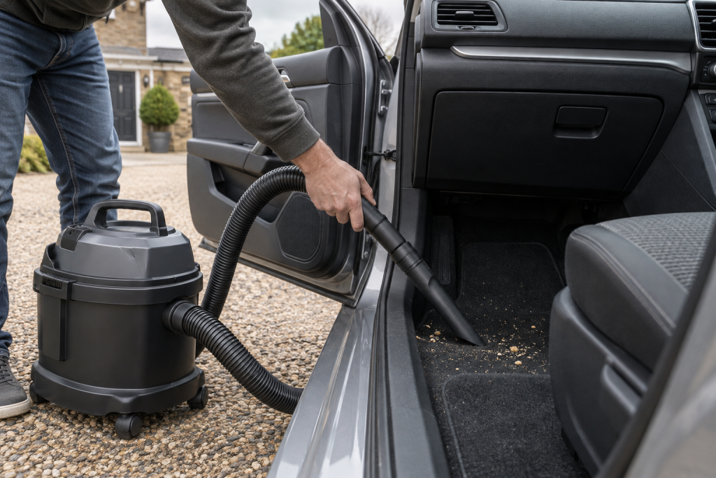 Compact vacuum cleaning a car footwell