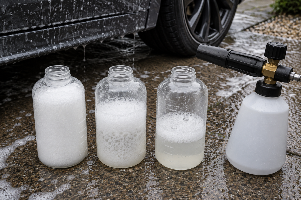 Unbranded snow-foam bottles beside a car for comparing foam choices