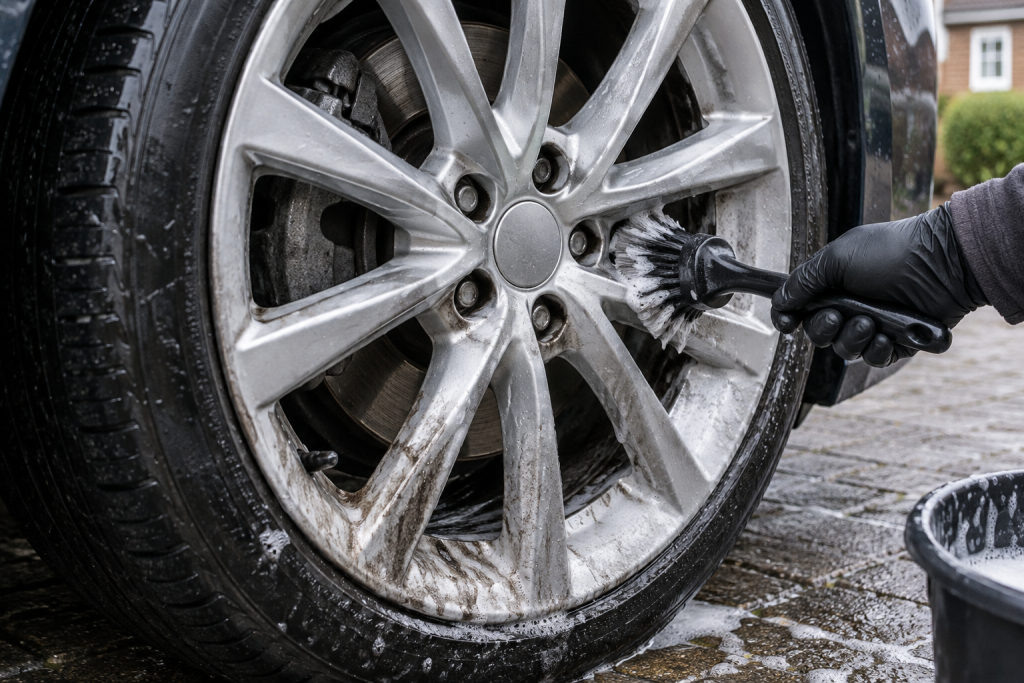 Soft wheel brush cleaning a silver alloy wheel