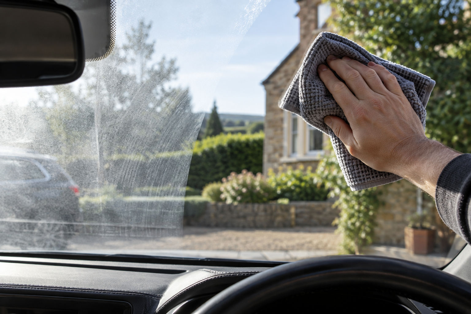 A separate clean cloth wiping the cabin side of a windscreen