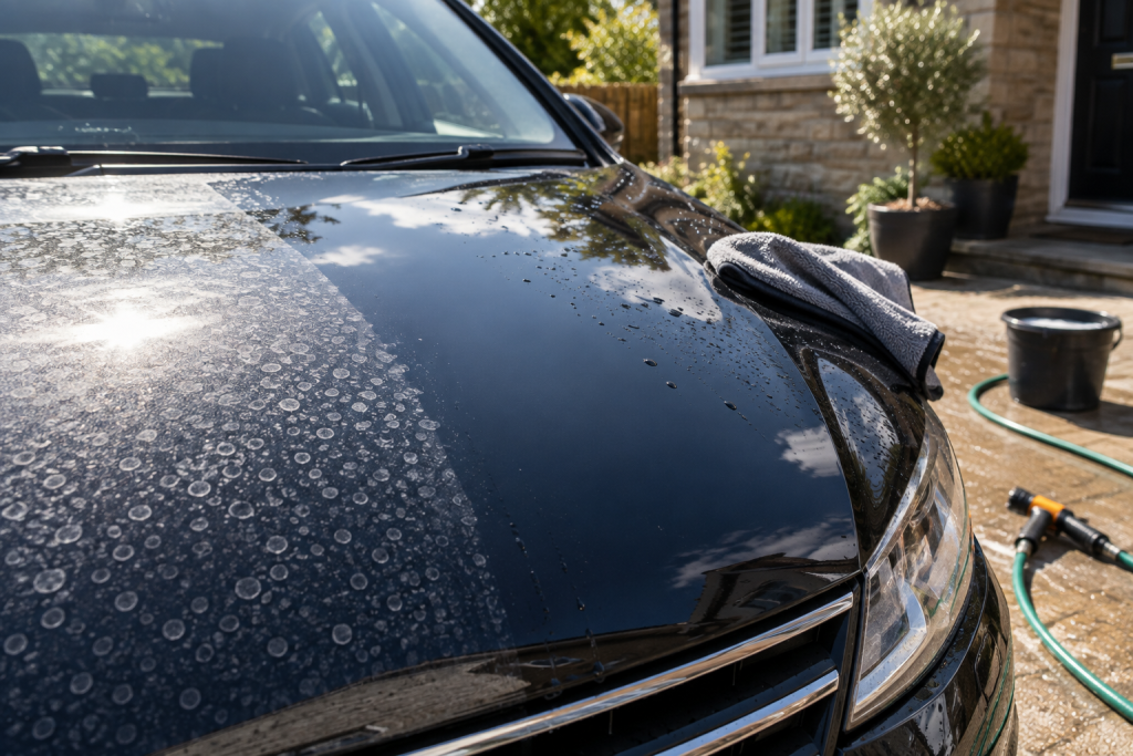 Mineral water spots beside a clean section of car bonnet
