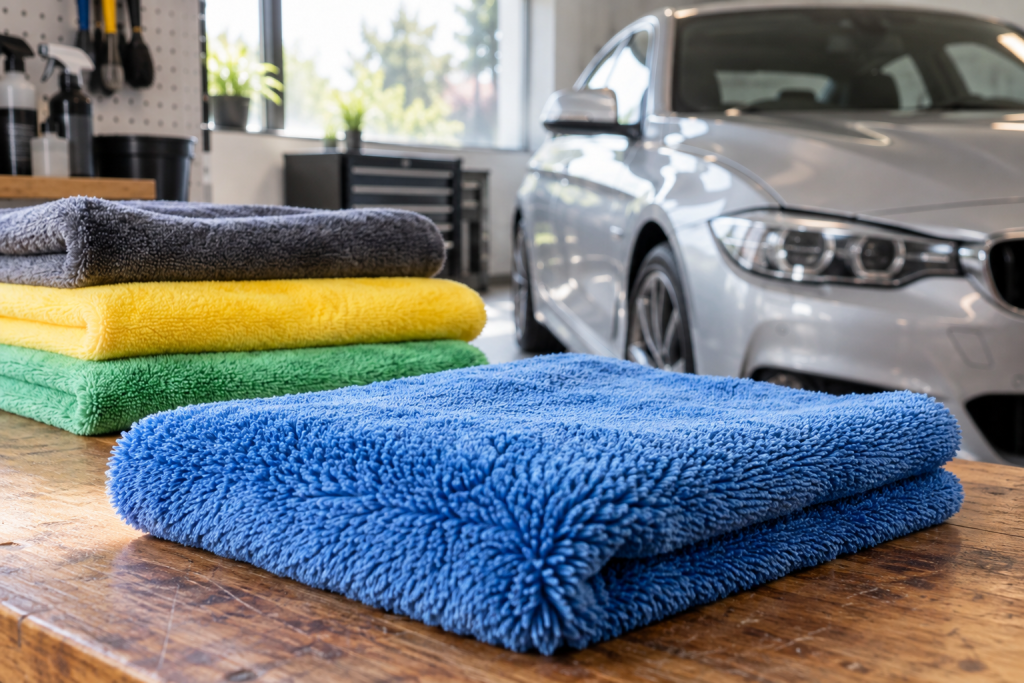 Clean colourful microfibre car towels in a garage