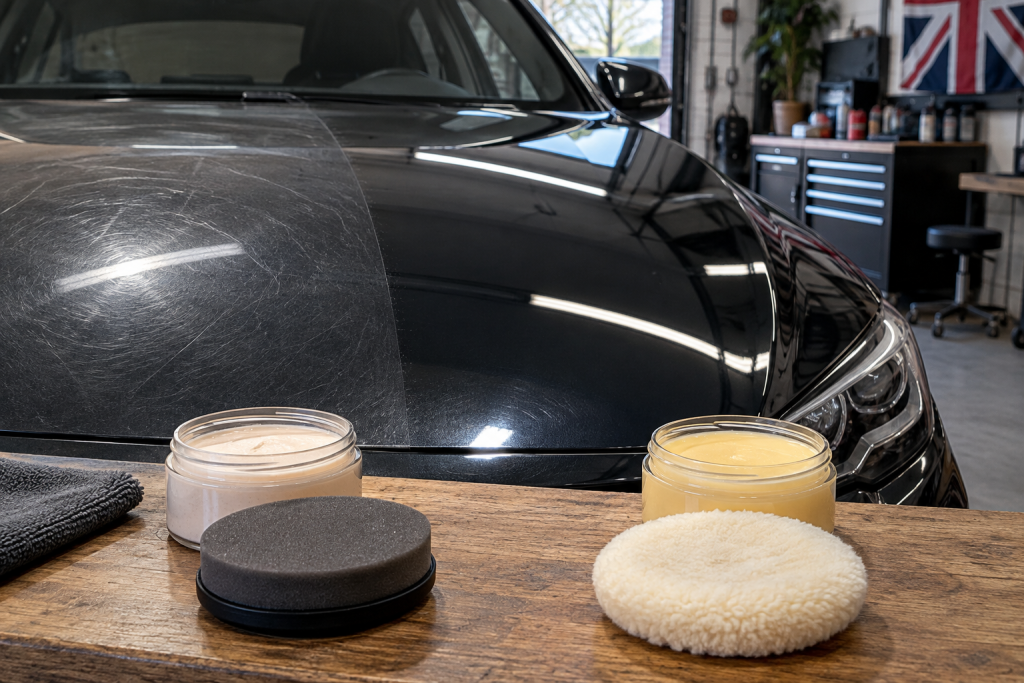 Car bonnet comparing visible swirl marks with a glossy finish beside polish and wax