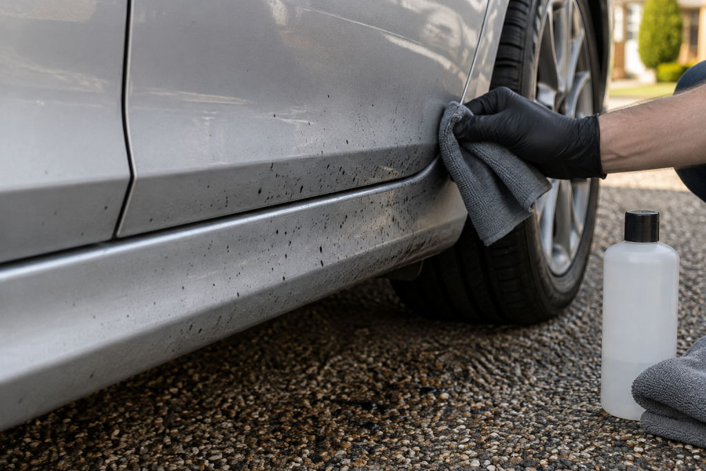 Tar spots on a silver car lower door with cleaning cloth