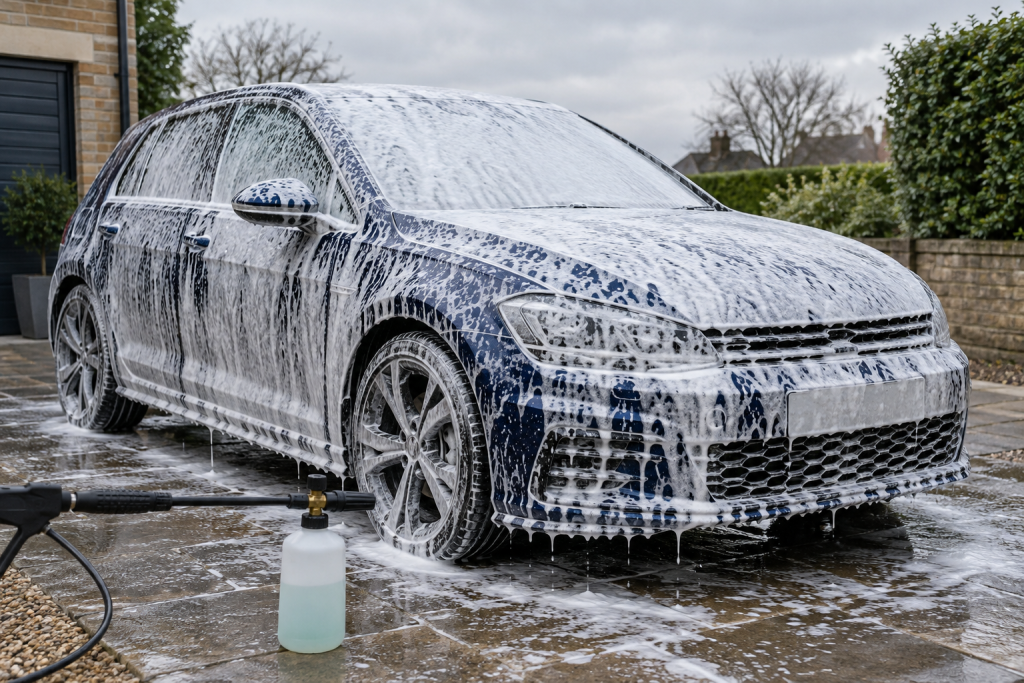 White snow foam covering a car during a driveway pre-wash