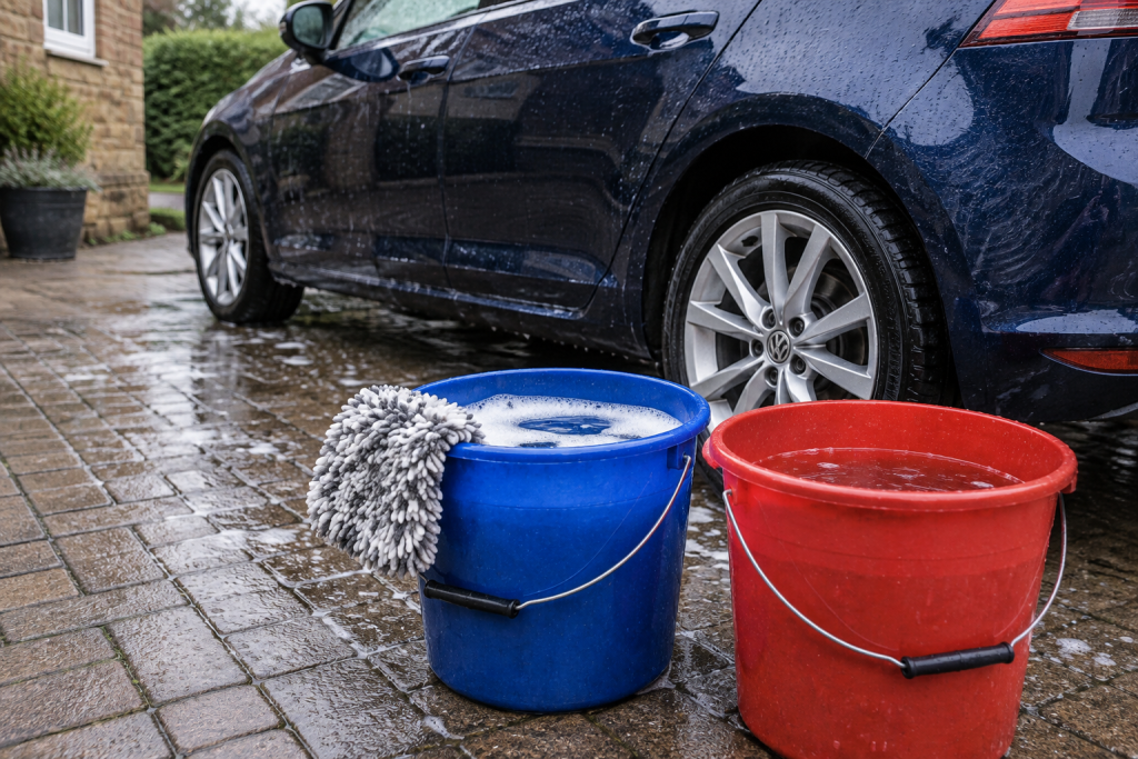 Two clean car-wash buckets and wash mitt beside a car