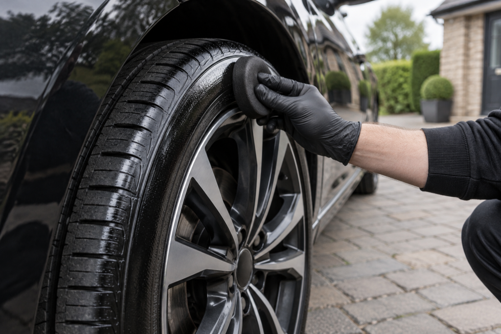 Foam applicator applying dressing to a clean tyre sidewall