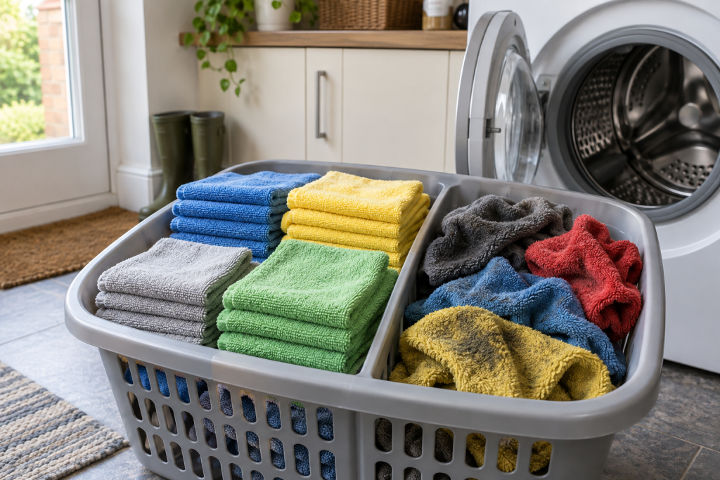 Clean and used microfibre towels sorted for washing