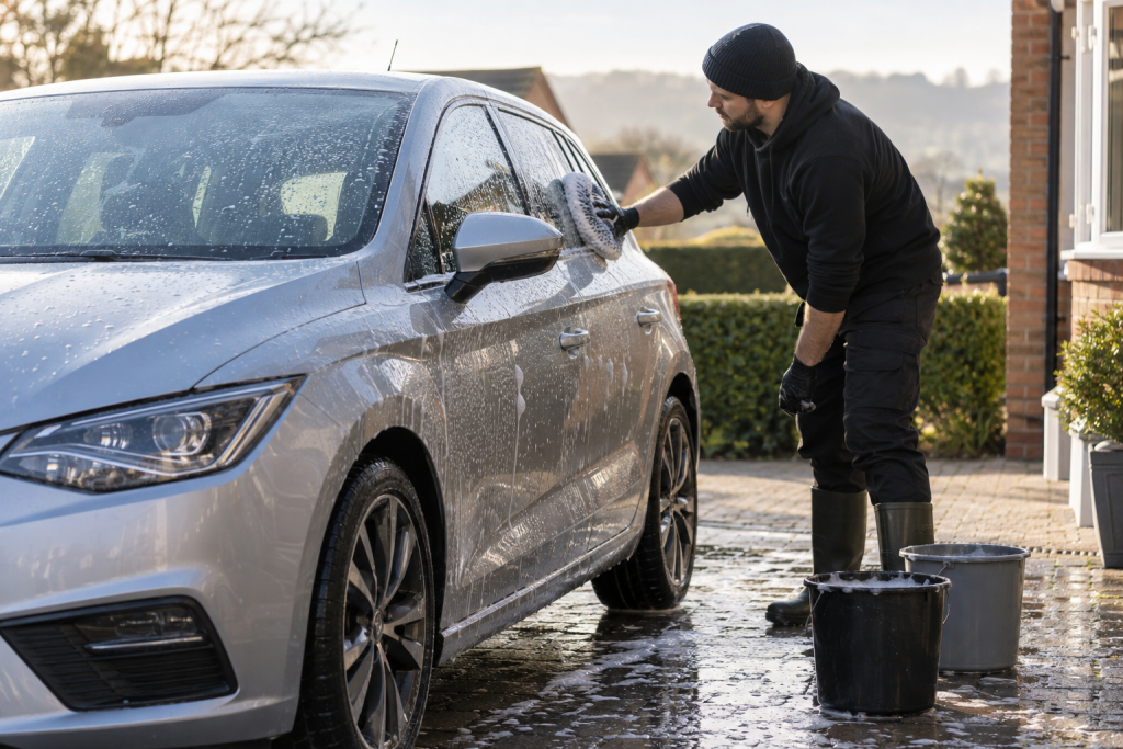 Careful hand washing of a silver car on a driveway