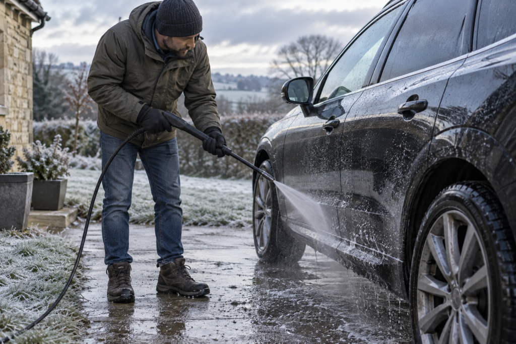 Driver rinsing road grime from a car on a frosty winter driveway