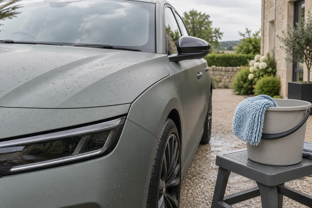 Matte sage-grey car bonnet and front wing with a clean wash mitt and bucket on a nearby stool