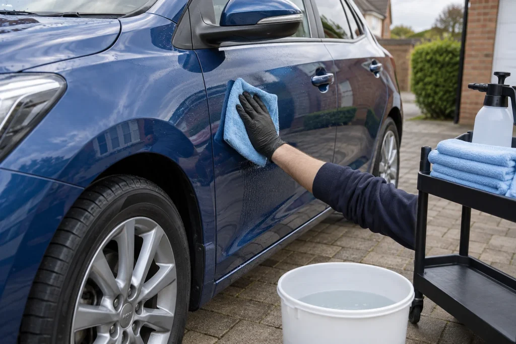 Damp microfibre towel cleaning a blue car door beside a bucket and fresh towels