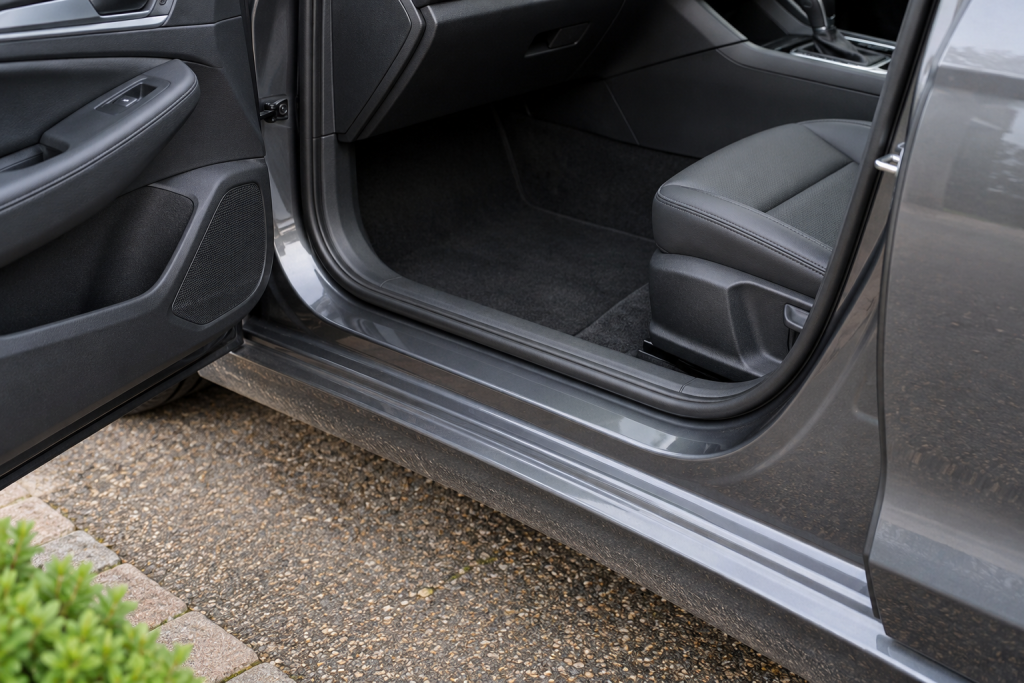 Open car door showing the painted sill, rubber seal and dry carpet