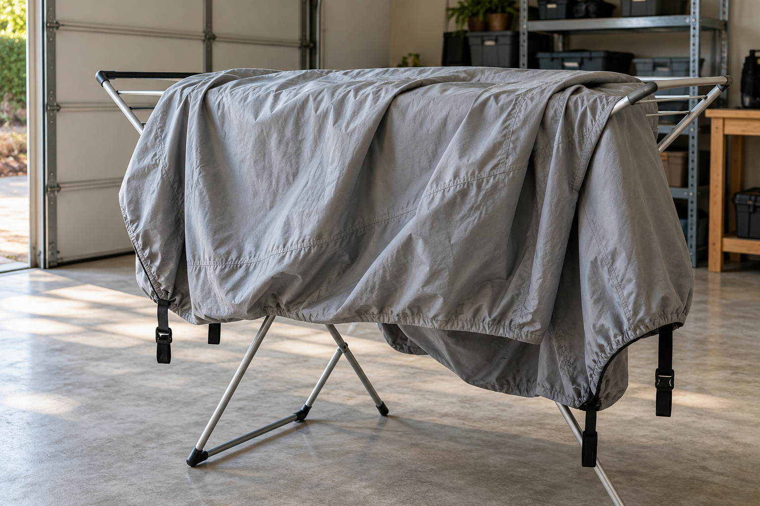 Car cover hanging on a rack to dry