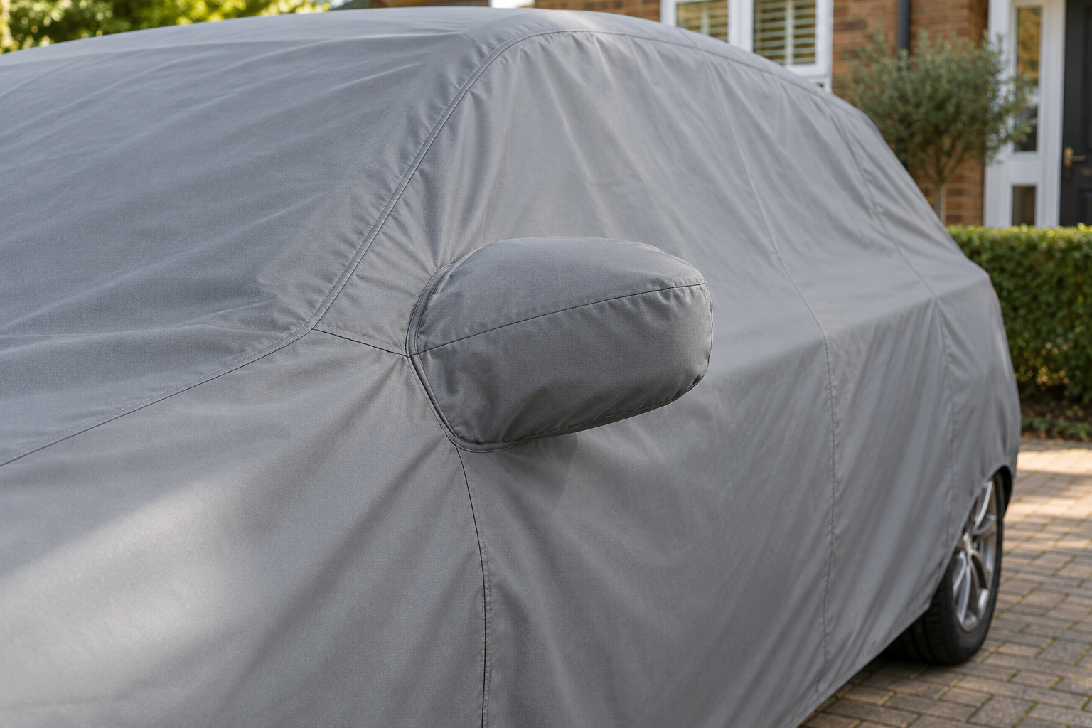 A shaped mirror pocket on a fitted car cover