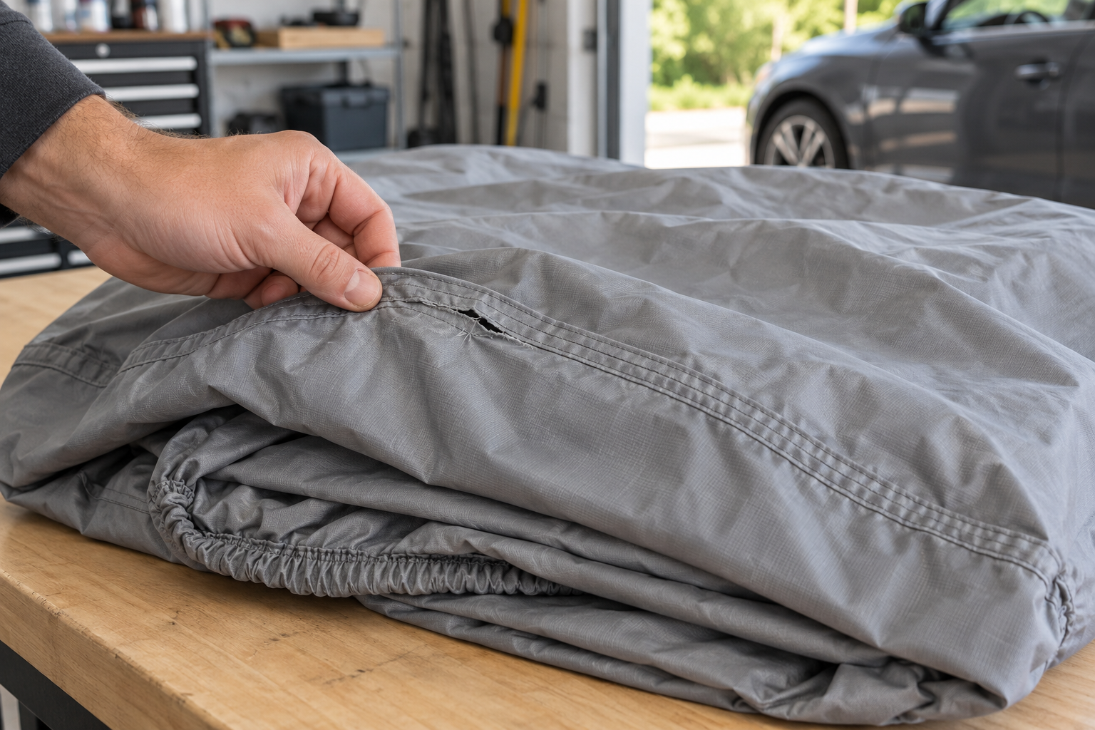 A hand checking a tear along a car-cover seam