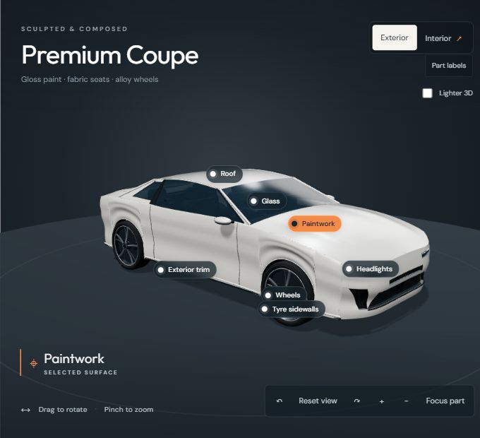 Selectable 3D coupe in the Detailing Garage, with labels for paintwork, wheels, glass and trim.