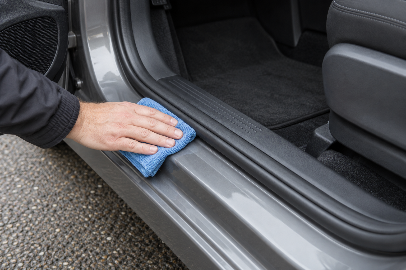 Folded blue microfibre cloth wiping the painted door sill