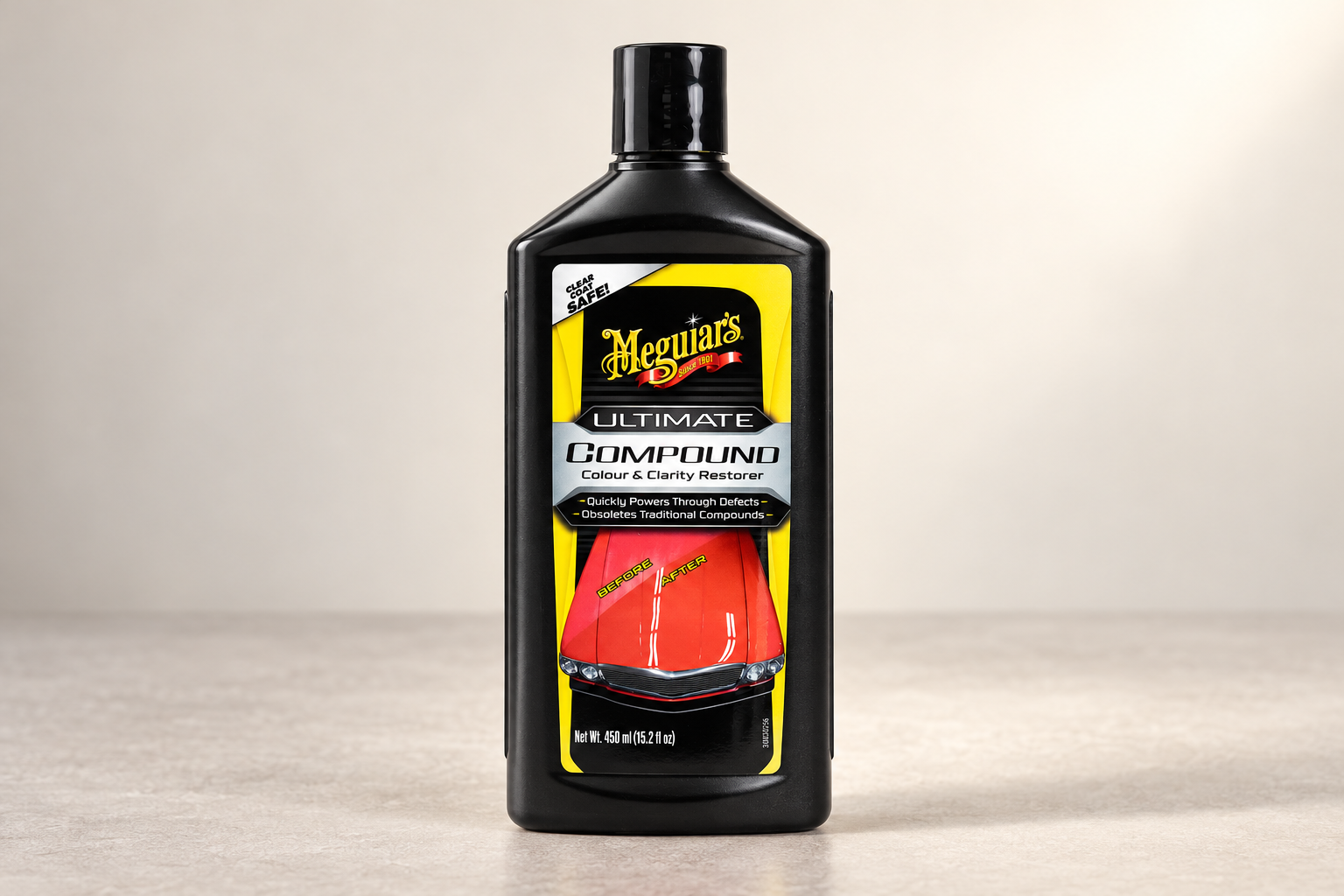Meguiar’s Ultimate Compound in its labelled bottle on a neutral surface