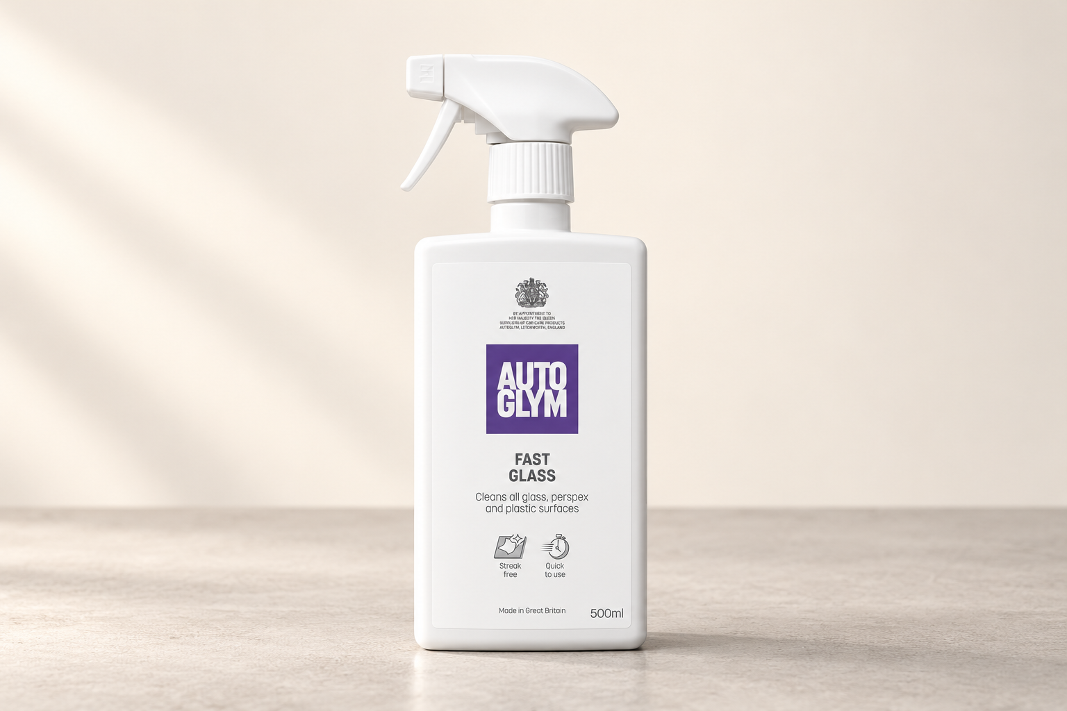 Autoglym Fast Glass in its labelled bottle on a neutral surface
