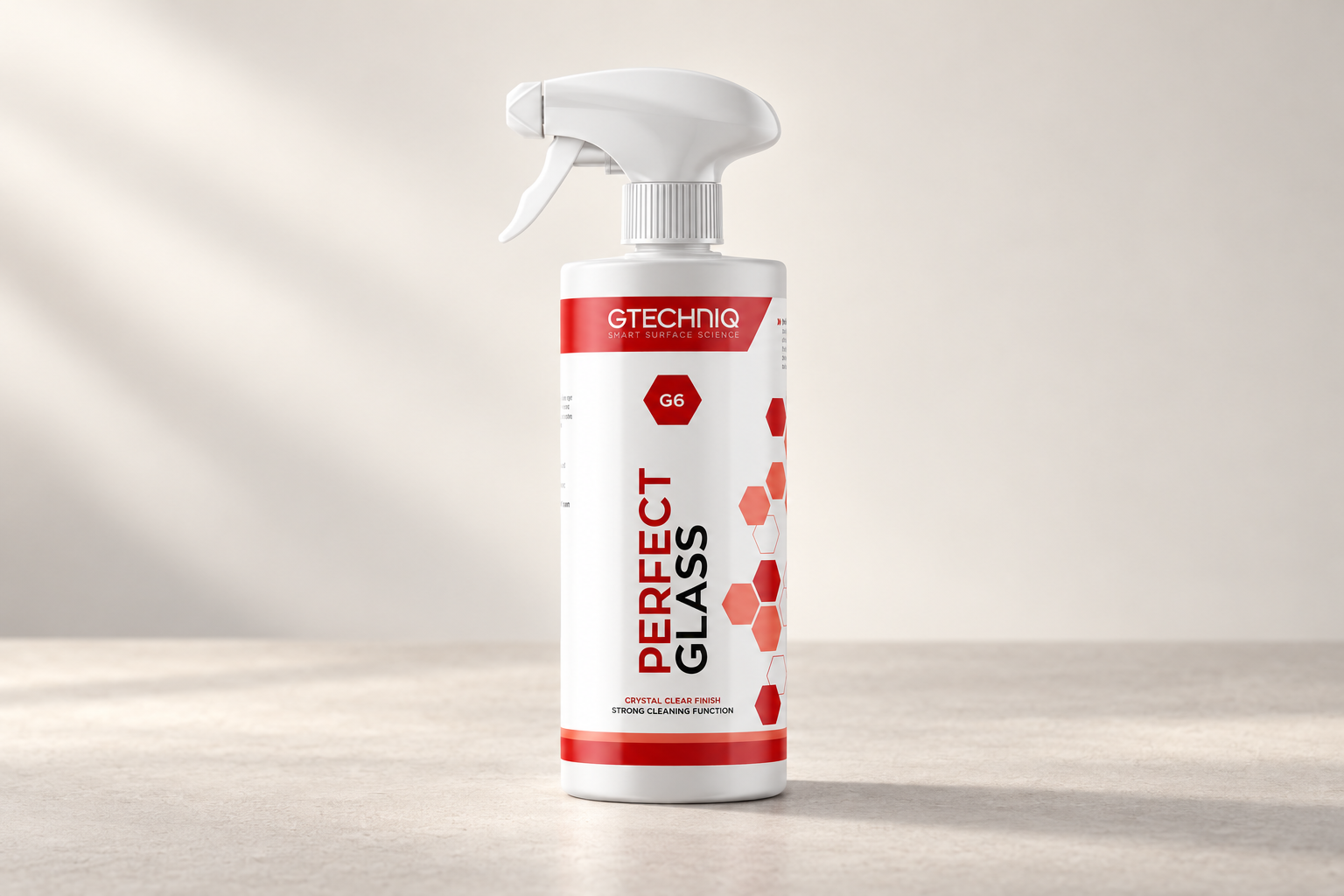Gtechniq G6 Perfect Glass in its labelled bottle on a neutral surface