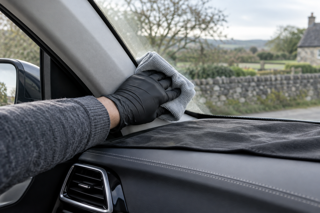 Wiping the inside of a windscreen with a folded glass cloth