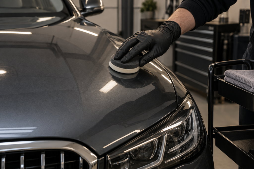 Checking a glossy bonnet with a clean polishing applicator and cloth