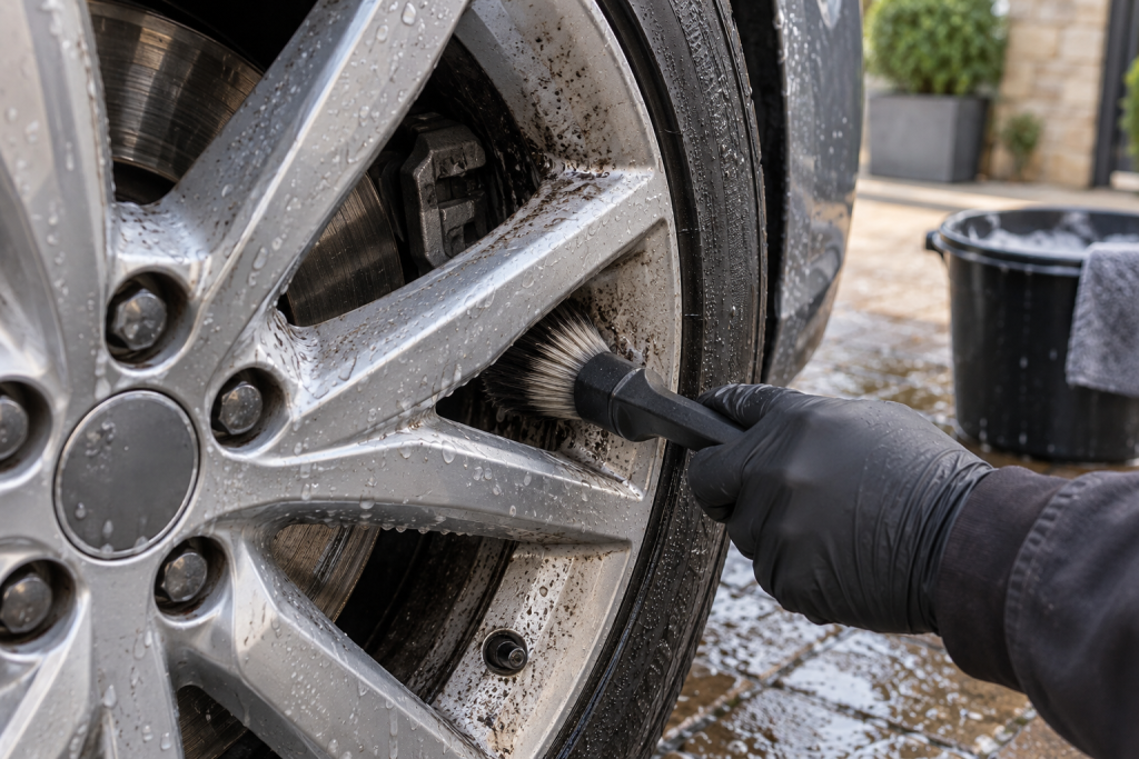 Cleaning behind the spokes of an alloy wheel with a soft brush