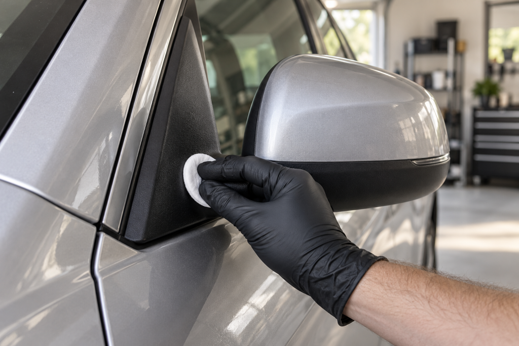 A gloved hand holding a small lint-free applicator against an unpainted plastic mirror base