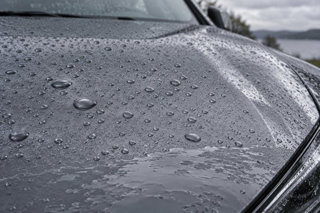 Different water-droplet shapes on a wet car bonnet