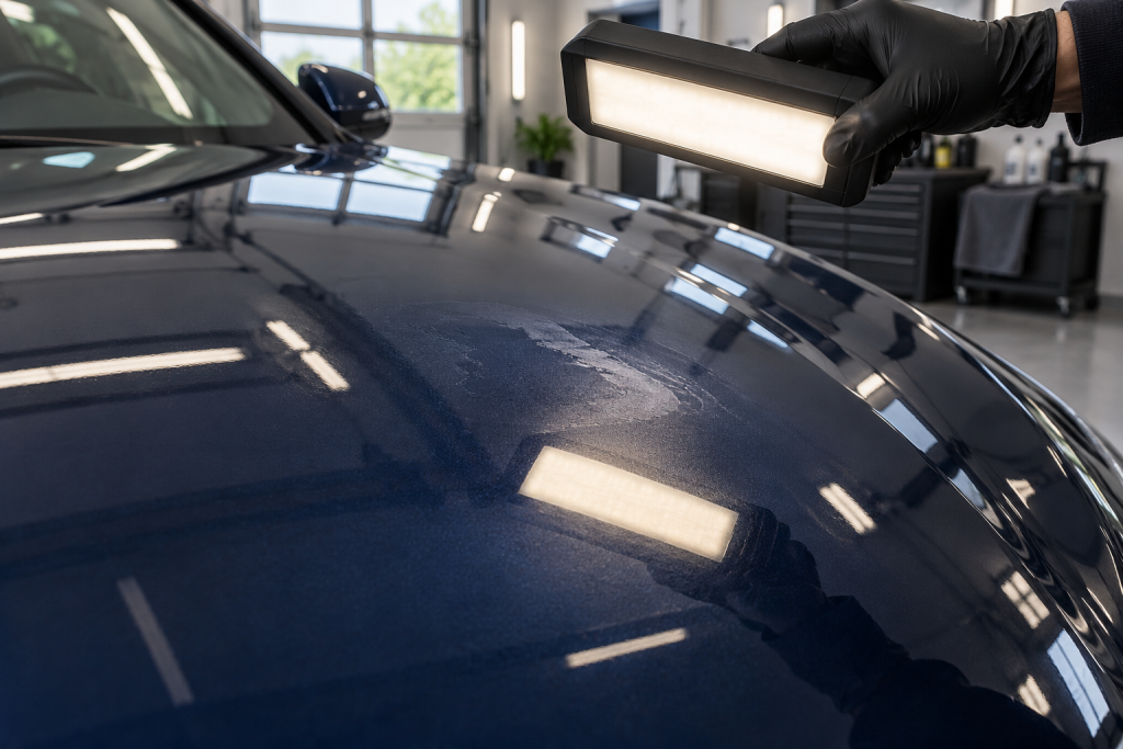 Inspecting an uneven patch on a bonnet with a diffused lamp