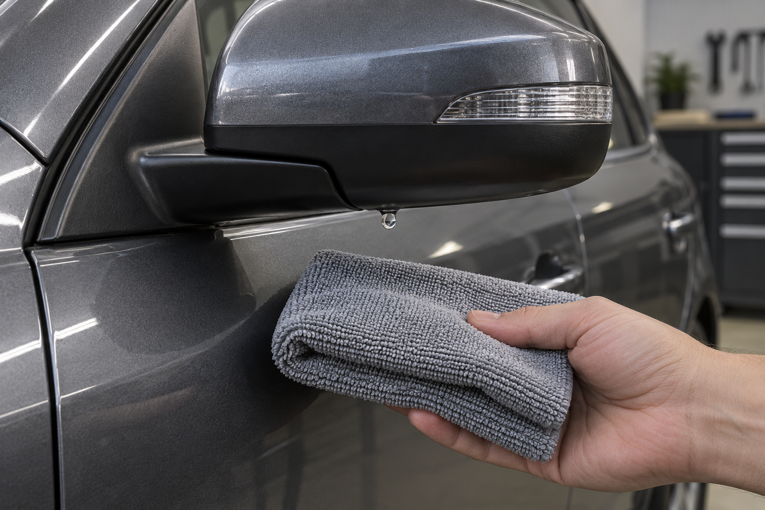 Catching a residual drip beneath a wing mirror before coating