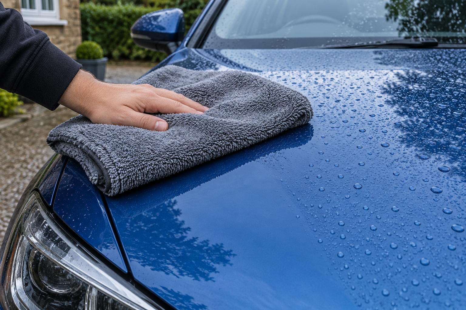 A clean drying towel lifting water from a car bonnet