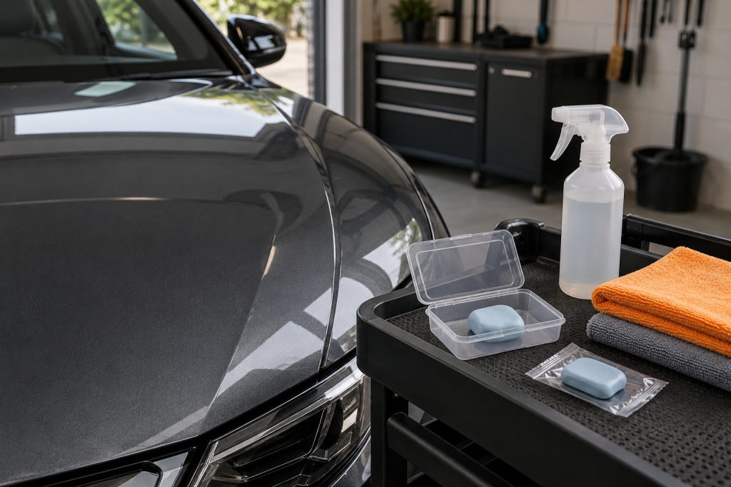 Clay bars, an unlabelled spray bottle and clean microfibre cloths beside a charcoal car