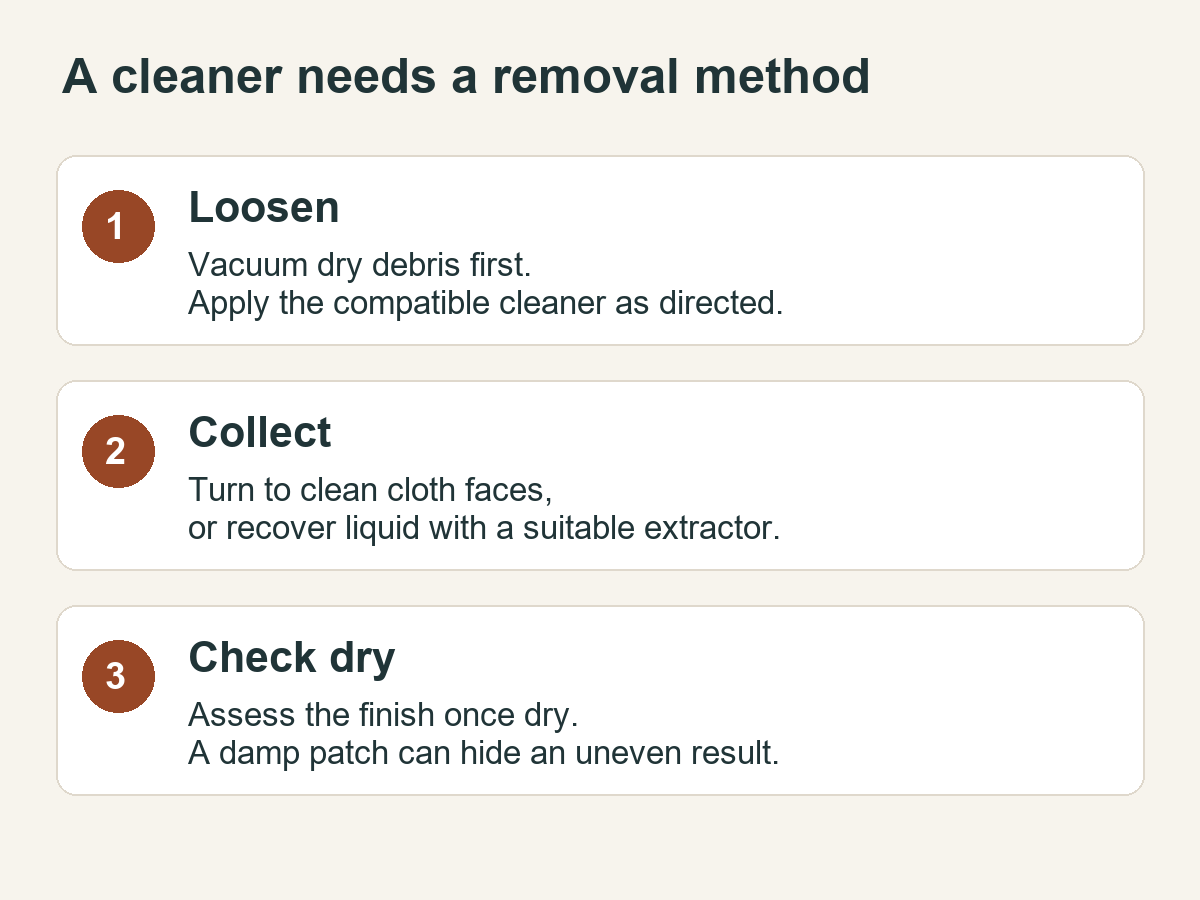 Three stages of upholstery cleaning: loosen, collect and check the dry finish