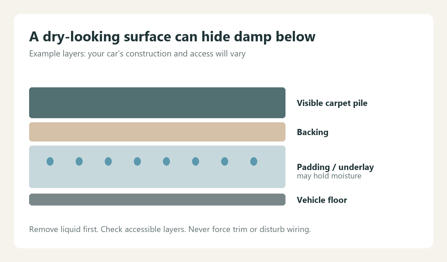 Example carpet layers showing moisture held in padding beneath the visible pile