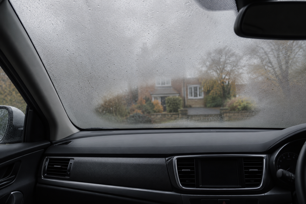 Condensation on the inside of a parked car windscreen with a clear central area