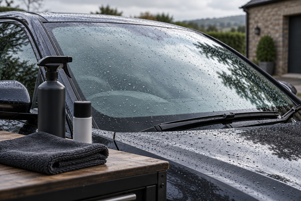 Rain droplets on a parked car windscreen beside unbranded treatment bottles and clean cloths