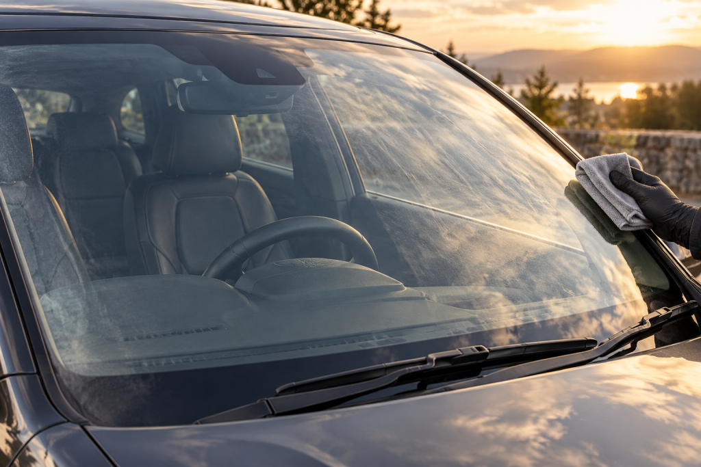 A windscreen inspected in angled light with faint film and a clean cloth at its edge