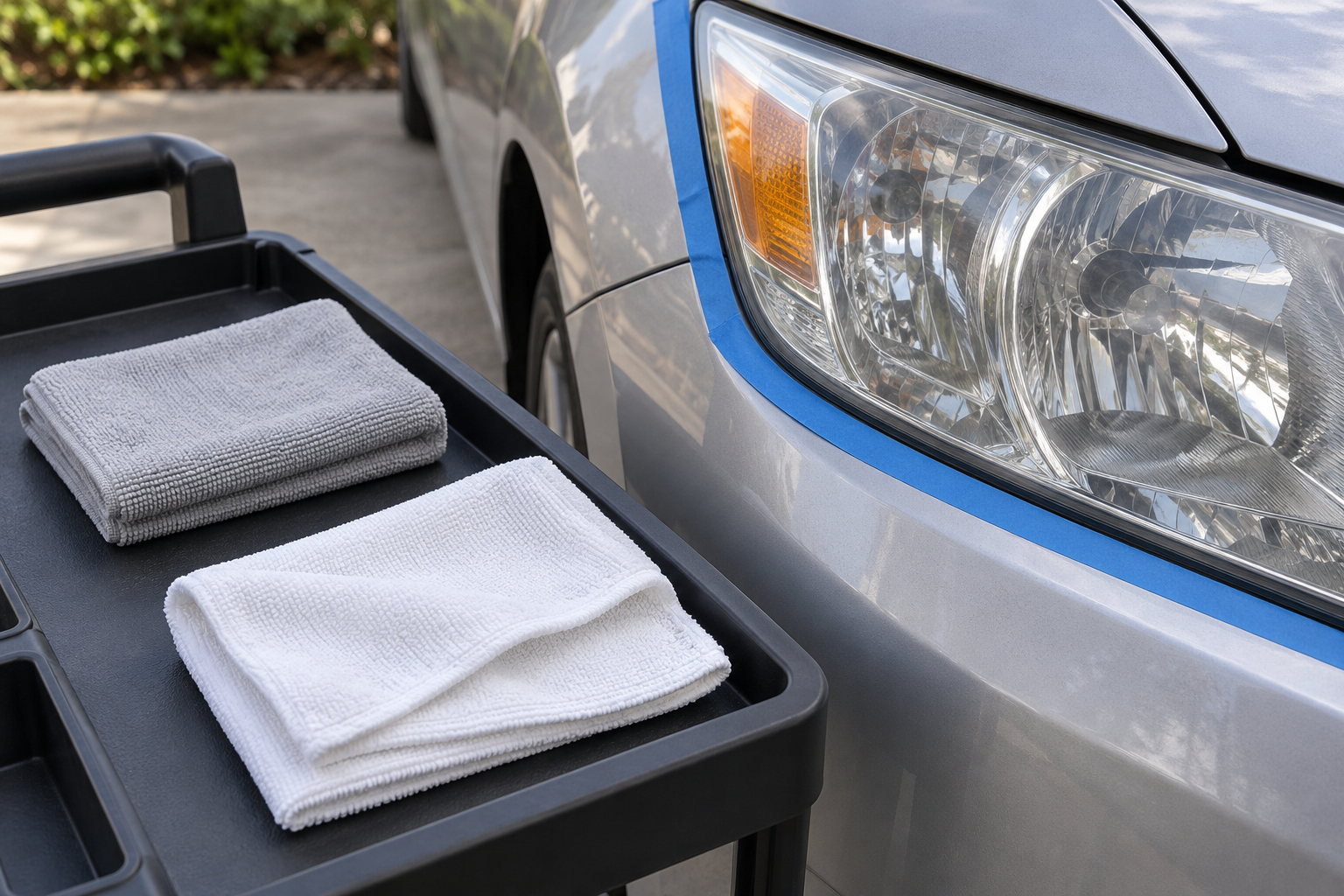 Separate grey and white microfibre cloths beside a headlight with its paint edges masked
